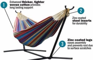 Vivere Double Hammock Stand with Space-Saving Steel